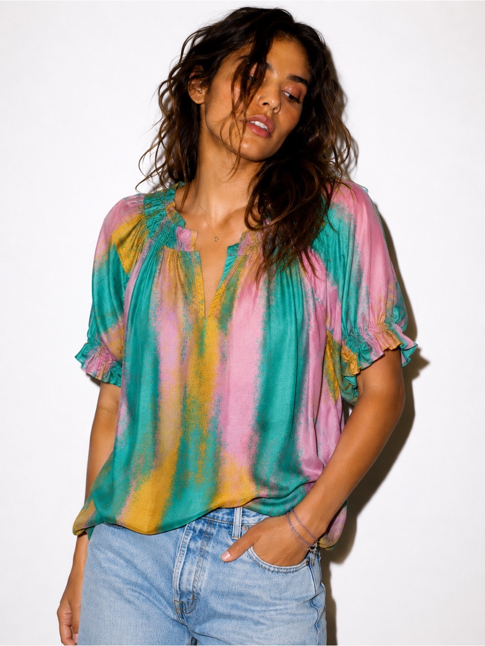 Caballero Collection Silk Blend Watercolor Ruffle Blouse Size Large